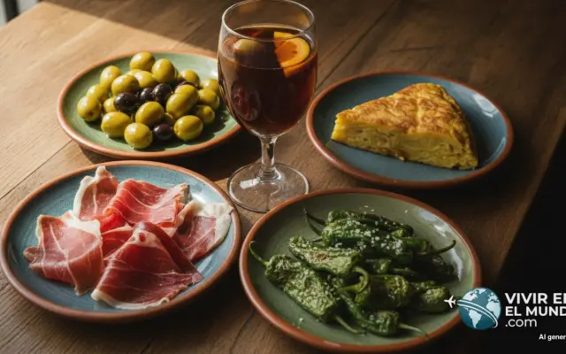 Surtido de tapas españolas en platos de cerámica sobre una barra de madera