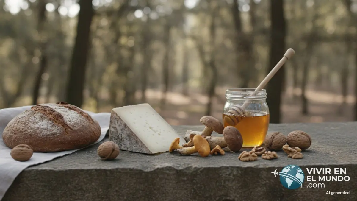 Productos de la Sierra Norte sobre una mesa de piedra: queso, setas, miel y pan