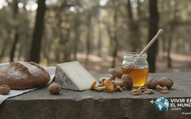 Productos de la Sierra Norte sobre una mesa de piedra: queso, setas, miel y pan