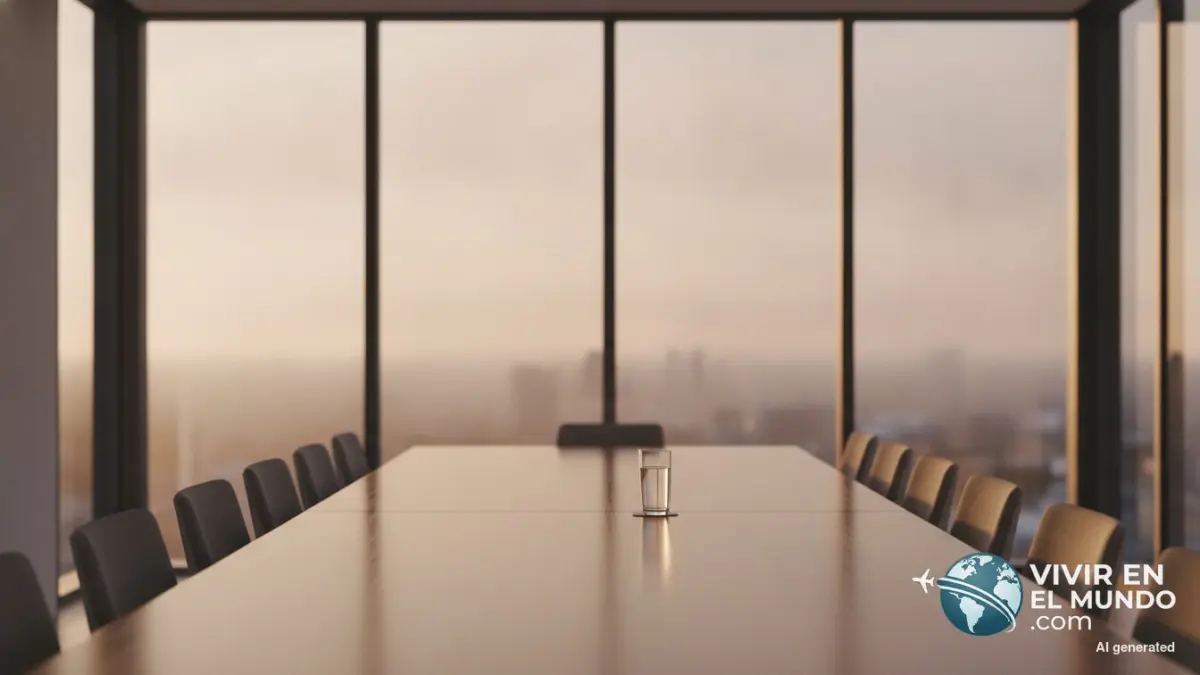 Sala de reuniones vacía con mesa de madera y luz de amanecer