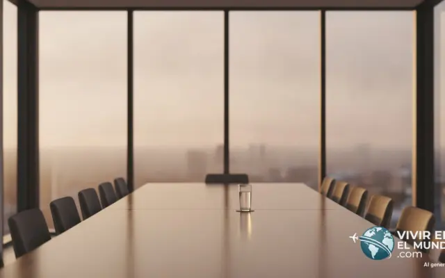 Sala de reuniones vacía con mesa de madera y luz de amanecer