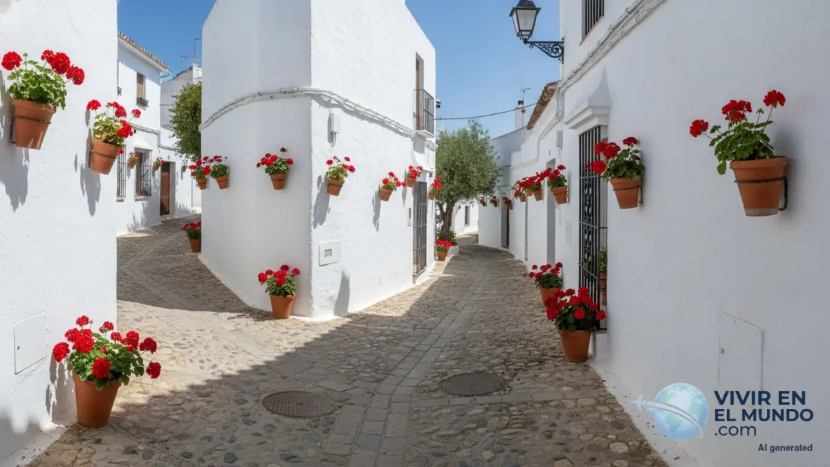 Calle encalada de un pueblo andaluz con macetas de geranios a pleno sol