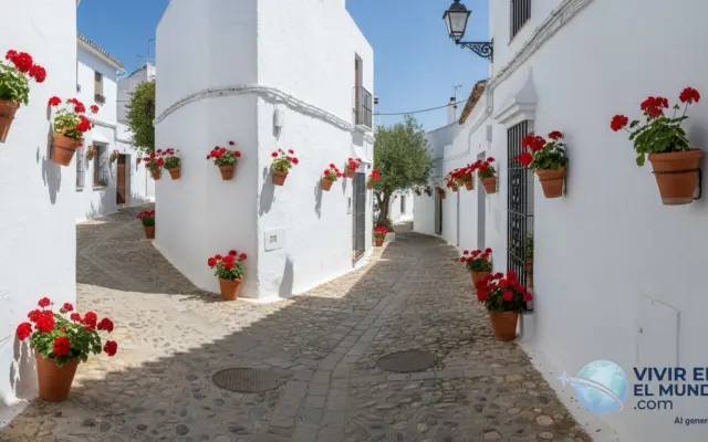 Calle encalada de un pueblo andaluz con macetas de geranios a pleno sol