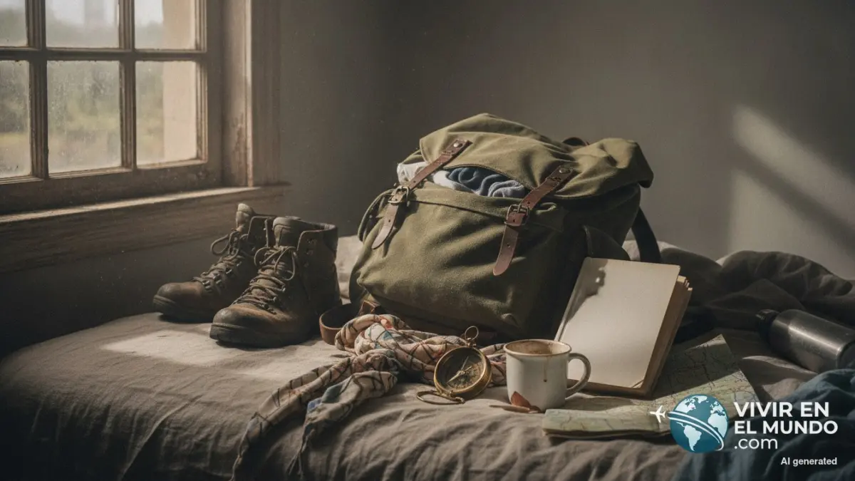 Mochila gastada, brújula y libro de viaje sobre una cama con luz de mañana