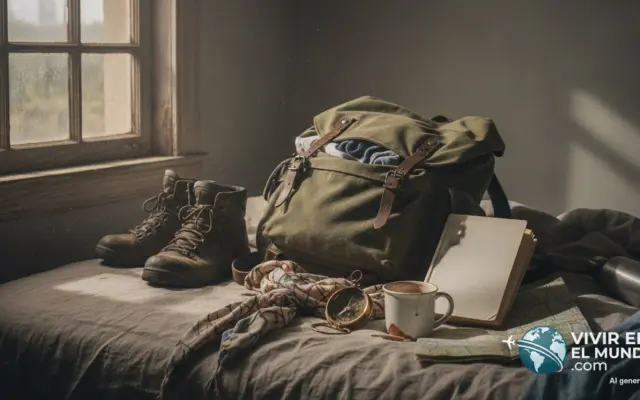 Mochila gastada, brújula y libro de viaje sobre una cama con luz de mañana
