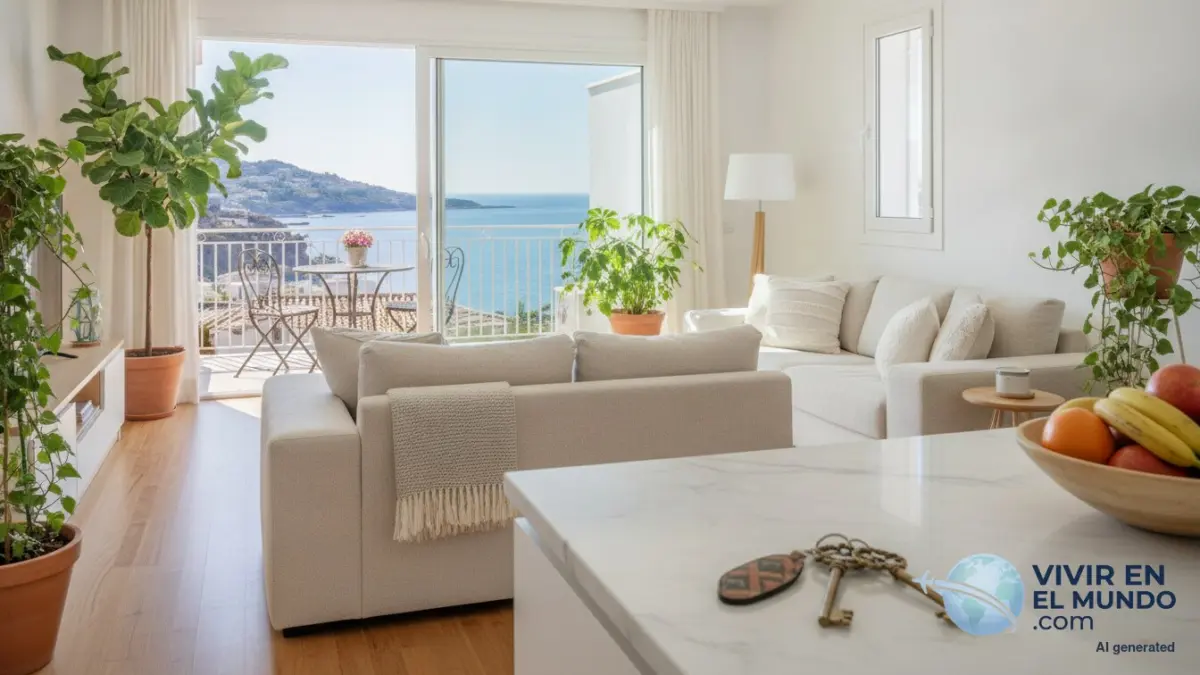 Salón luminoso de un apartamento turístico con balcón abierto