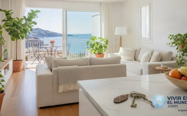 Salón luminoso de un apartamento turístico con balcón abierto